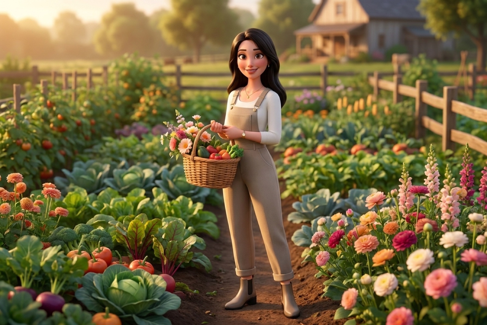 Victoria, the farm operator, holding fresh-cut flowers and produce in the Silver C Ranch garden in Kentucky