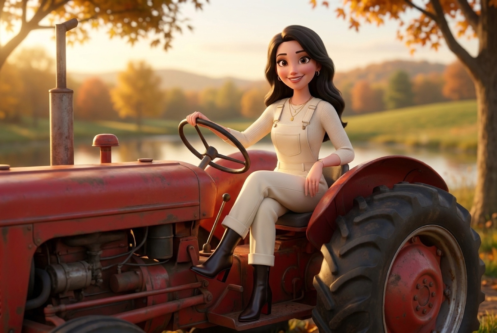 Victoria, the woman owner and farm operator of Silver C Ranch, beside a red tractor in a Kentucky field