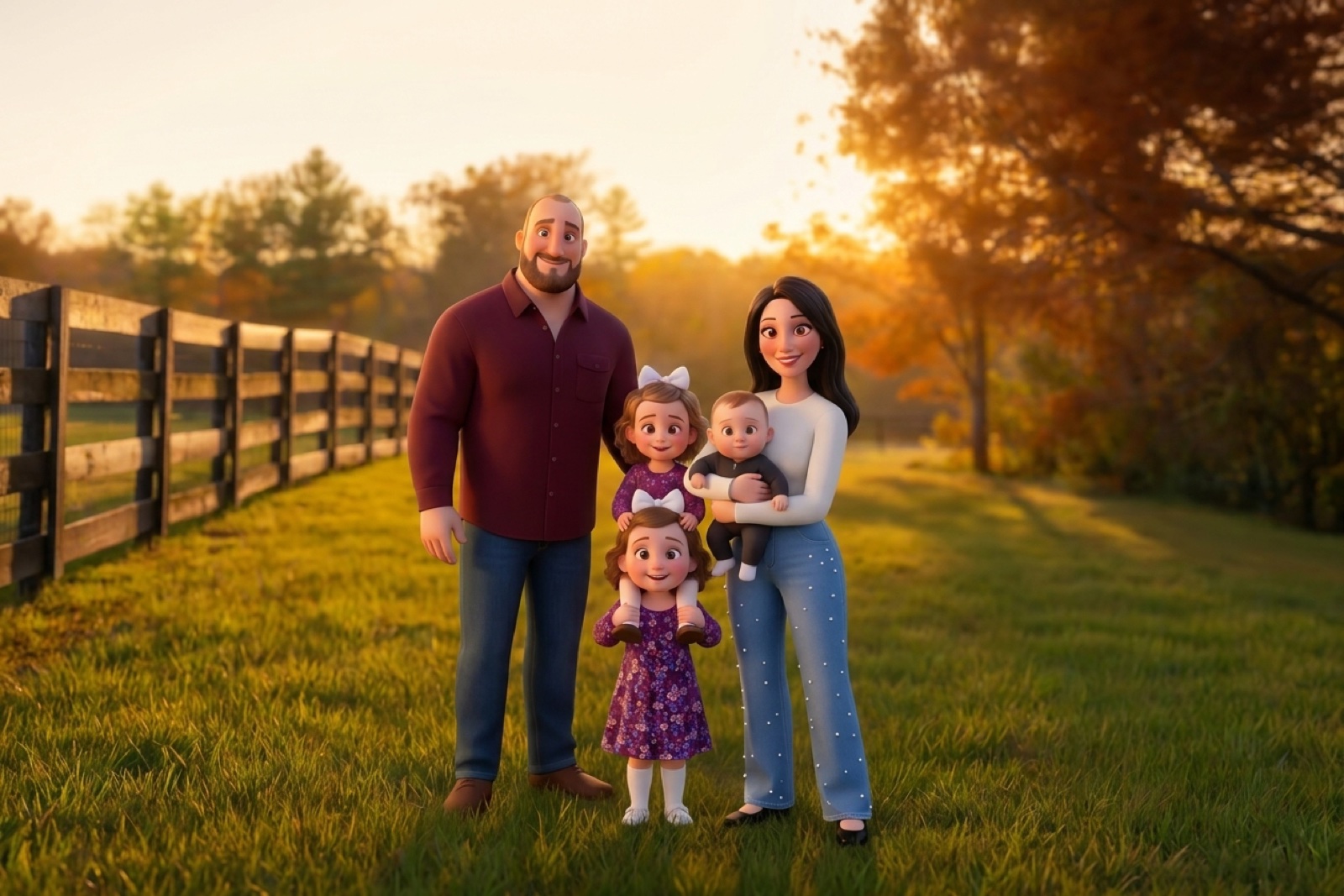 The Carroll family at the fence line as the Kentucky sun sets
