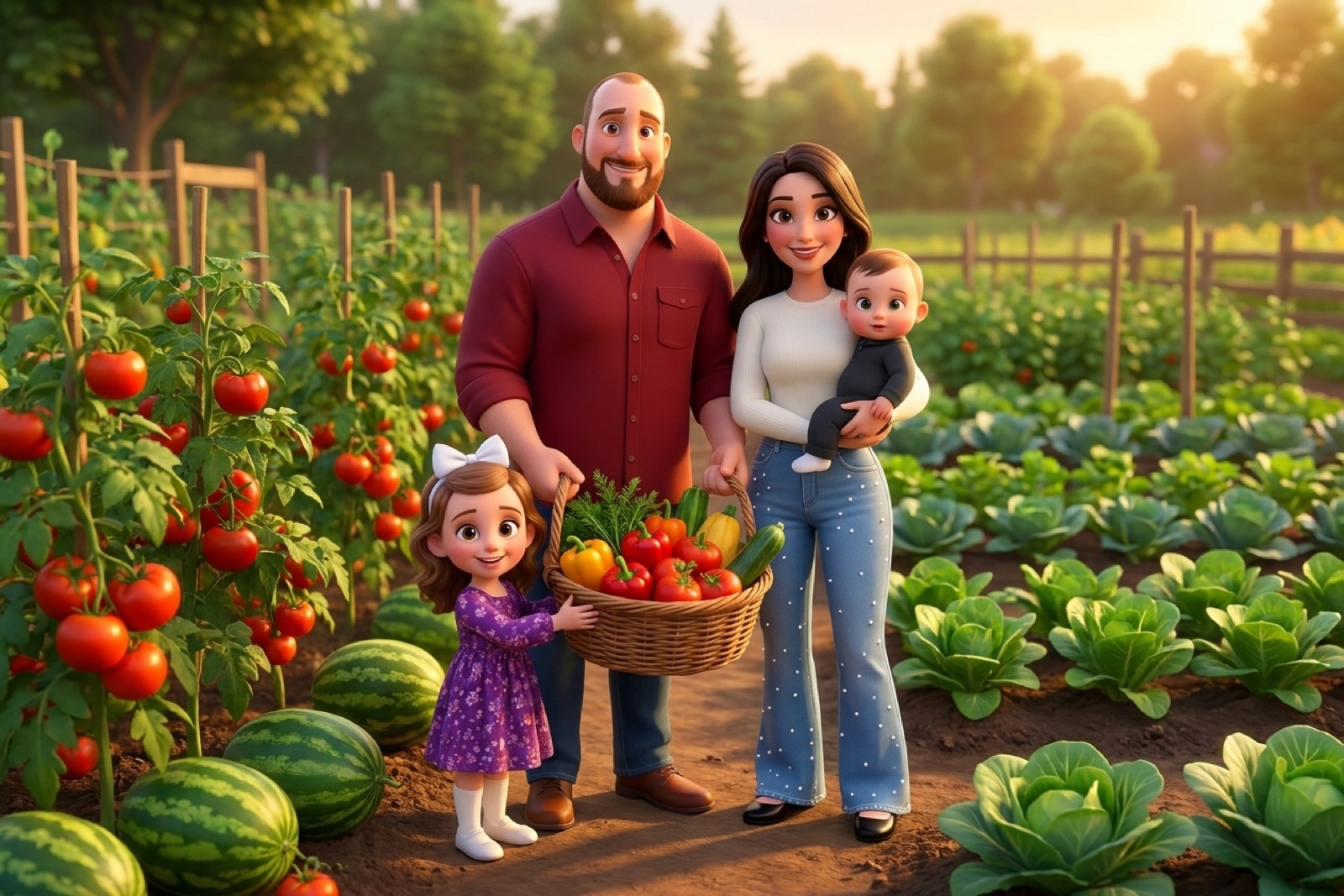 A family in the vegetable garden at Silver C Ranch with fresh-harvested Kentucky produce