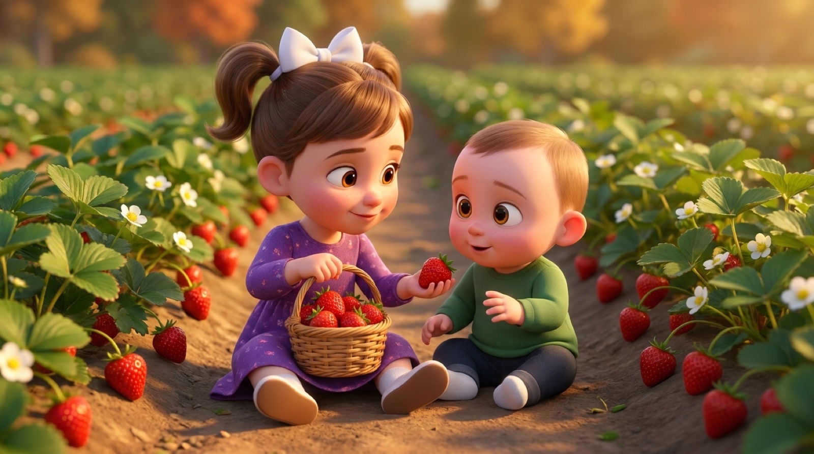 Two kids holding a basket of fresh-picked strawberries at a Kentucky u-pick farm, Silver C Ranch